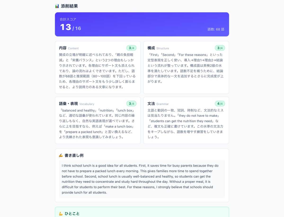 AI添削の結果画面。合計スコア13/16、内容・構成・語彙・文法の4観点ごとのスコアと添削コメント、書き直し例が表示されている